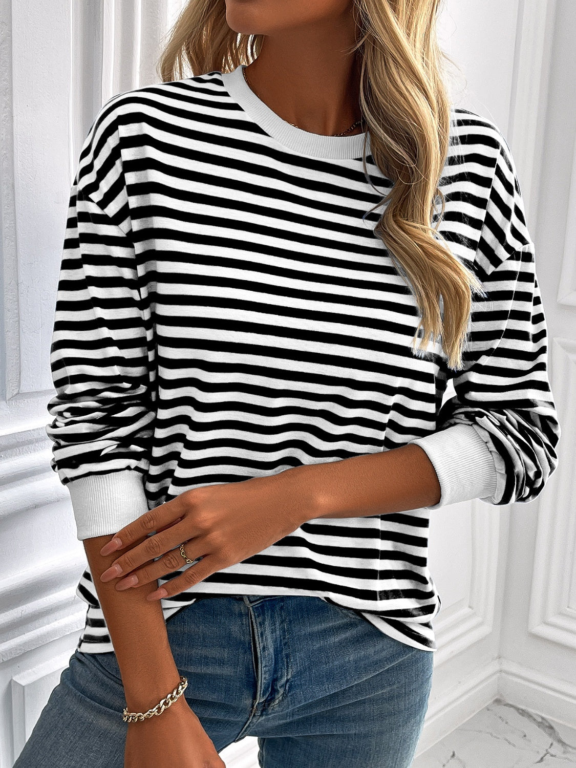 ivy lane striped round neck long sleeve sweatshirt