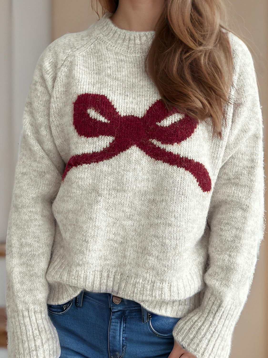 bow round neck long sleeve sweater