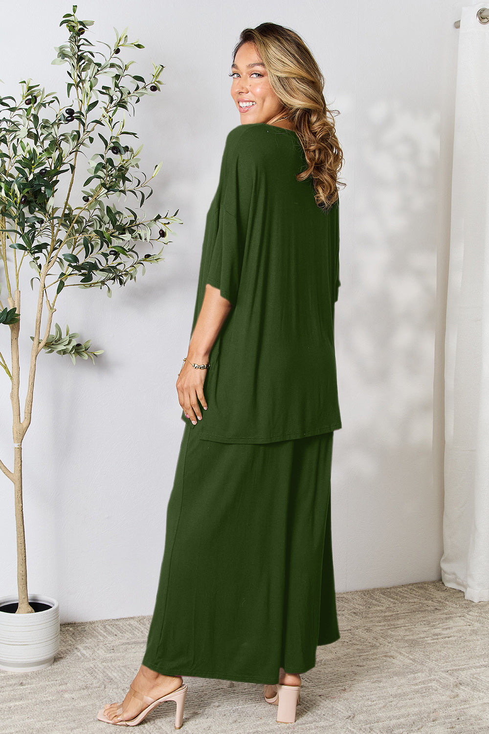 double take full size round neck slit top and pants set
