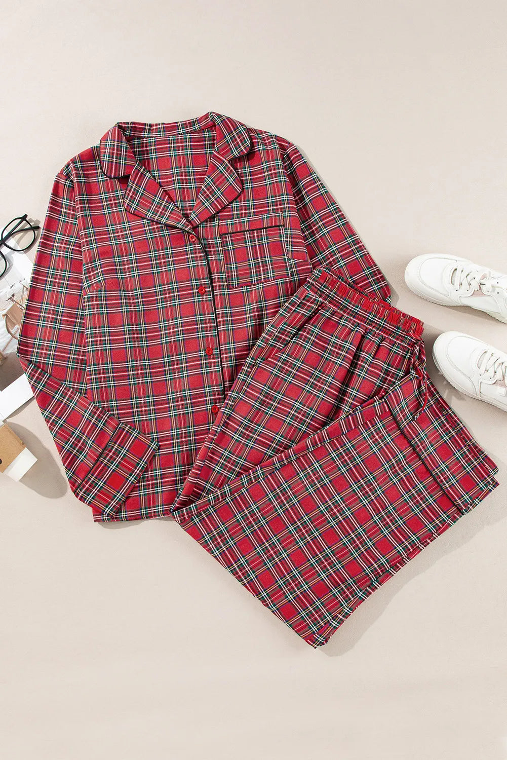 plus size plaid collared neck top and pants lounge set