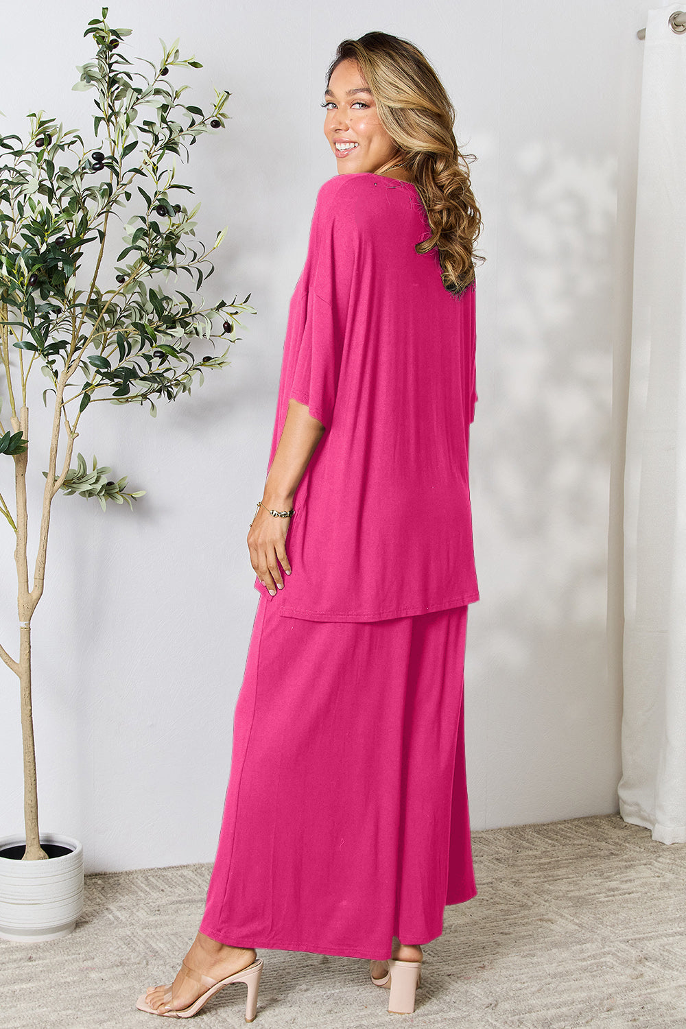 double take full size round neck slit top and pants set