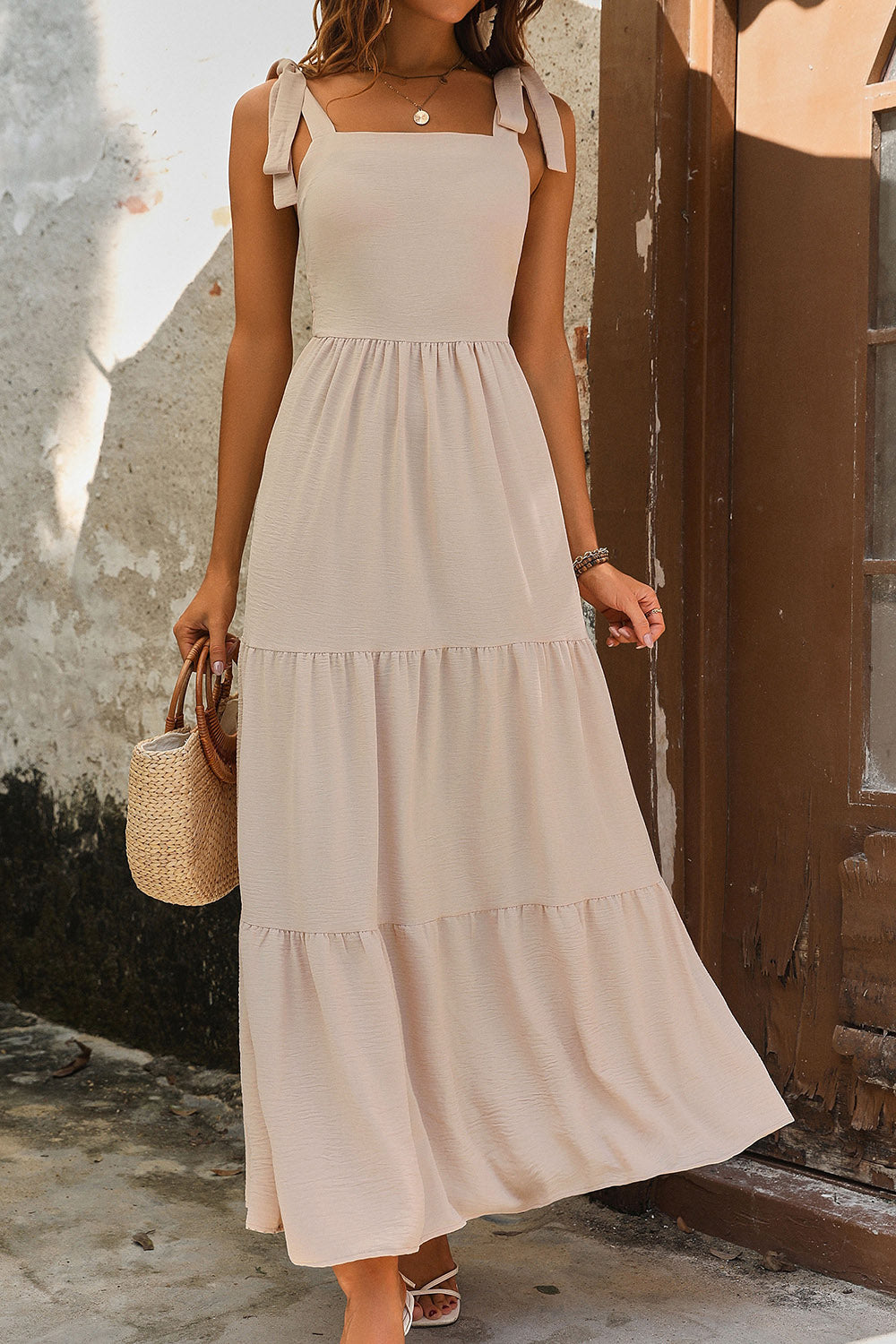 tie shoulder smocked tiered dress