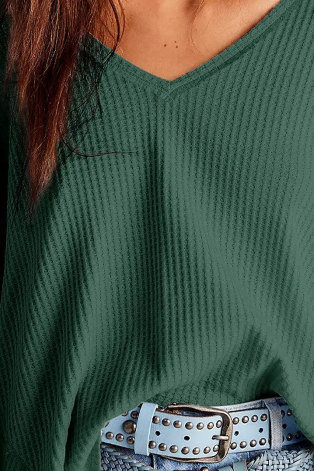 waffle-knit v-neck long sleeve top
