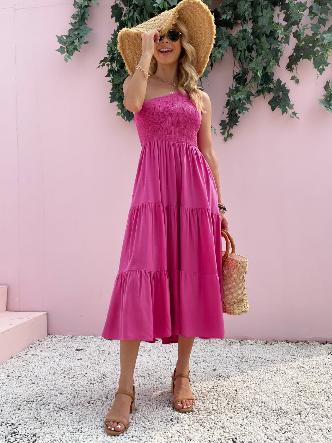 smocked single shoulder sleeveless dress
