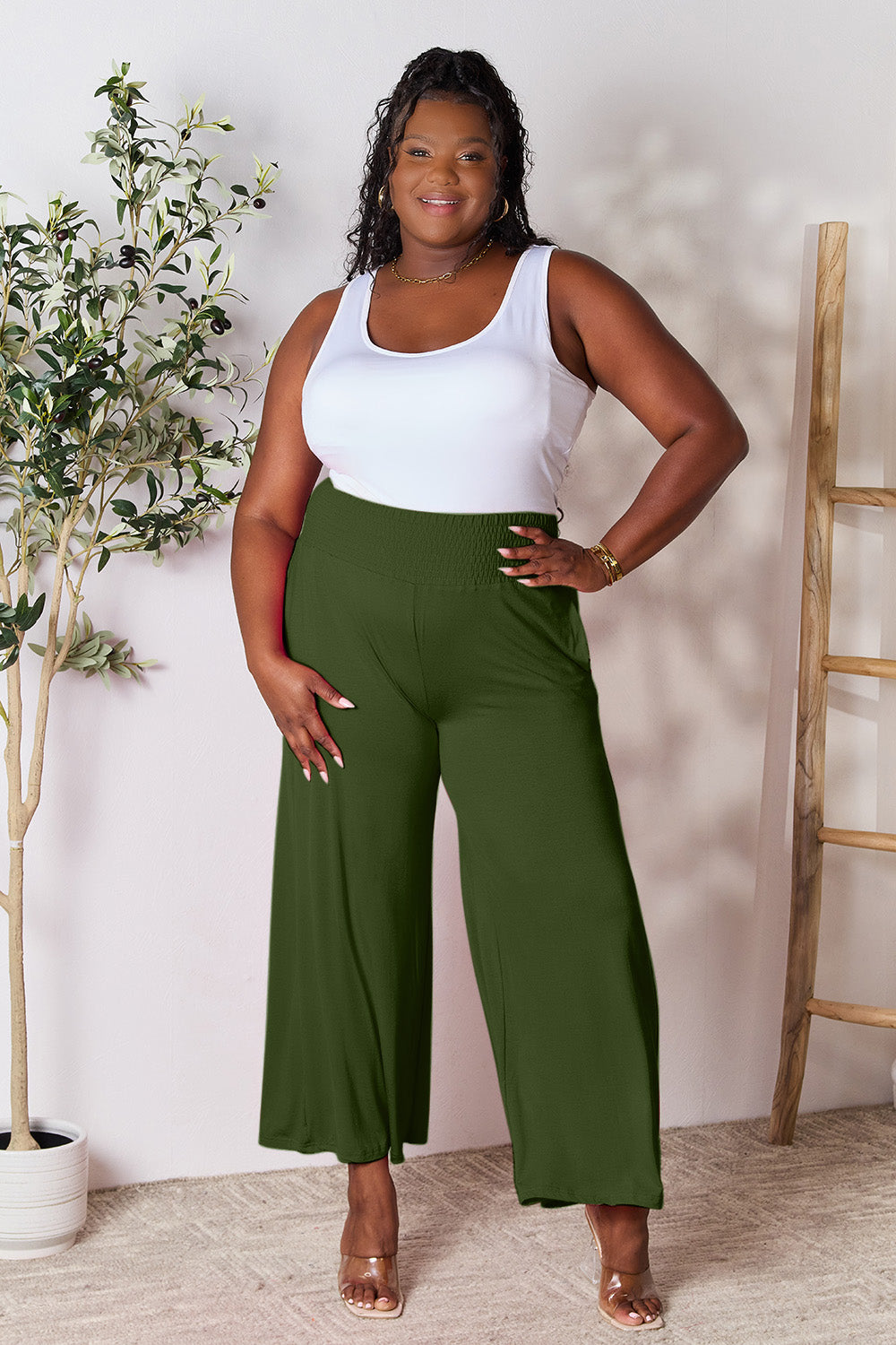 double take full size smocked wide waistband wide leg pants