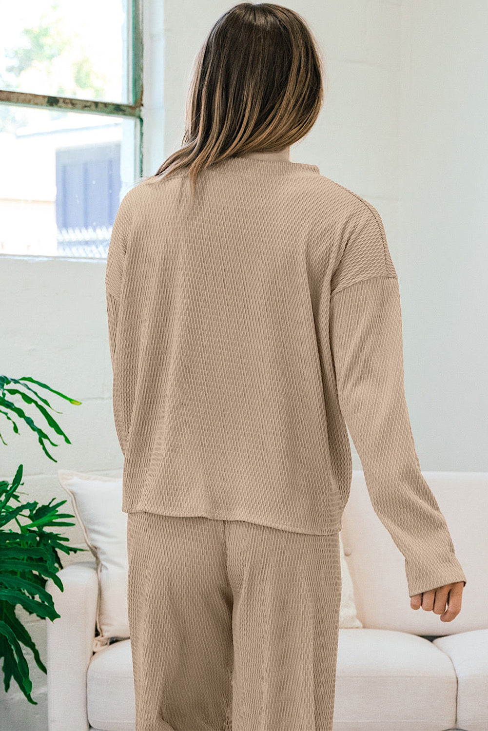 smoke gray loose textured pullover and pants outfit