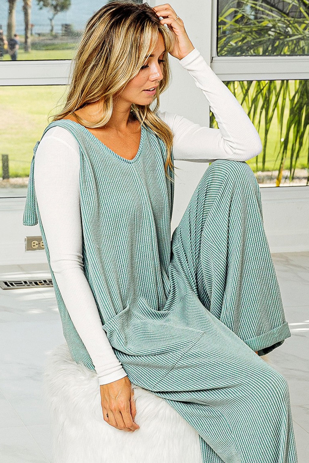 moonlight jade corded tie straps v neck wide leg jumpsuit