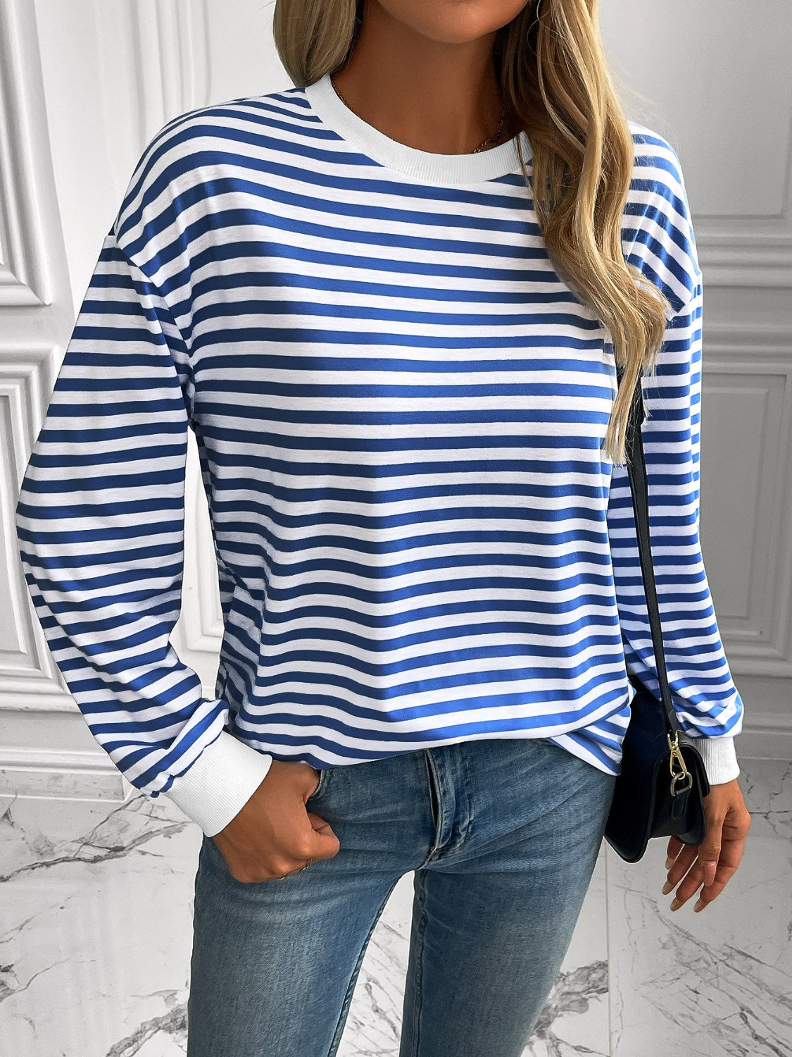 ivy lane striped round neck long sleeve sweatshirt