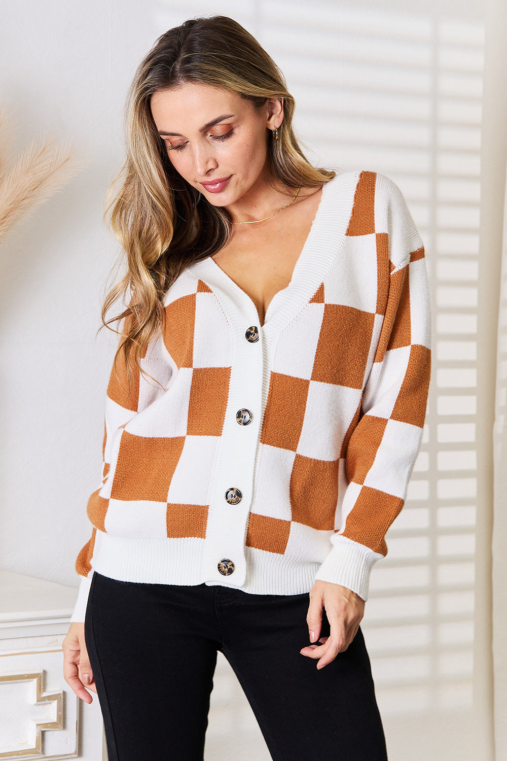 double take button-up v-neck dropped shoulder cardigan