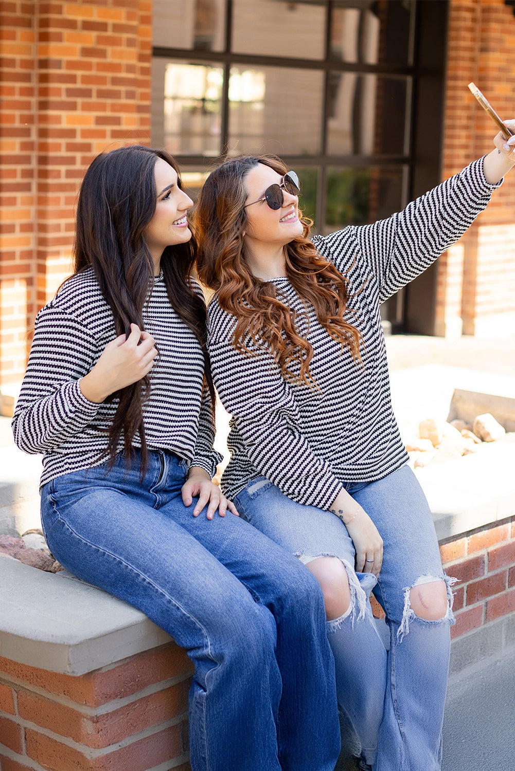 black stripe round neck drop shoulder long sleeve top