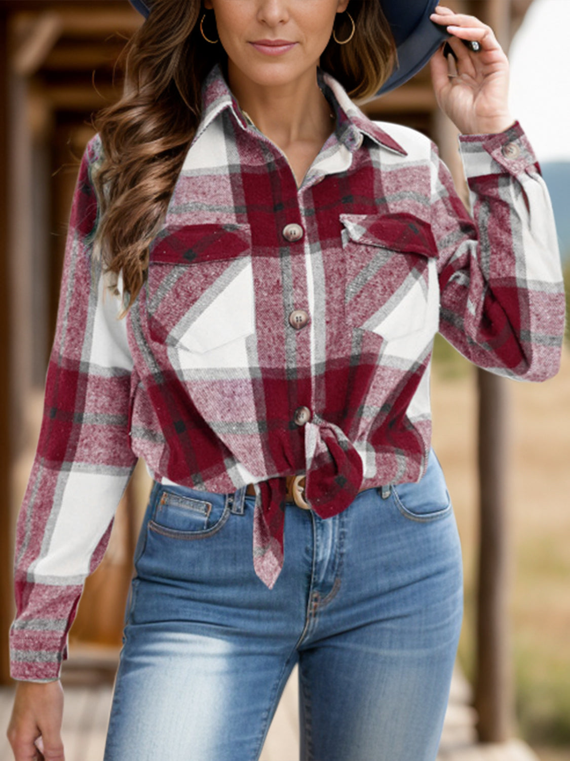 full size pocketed plaid collared neck shacket