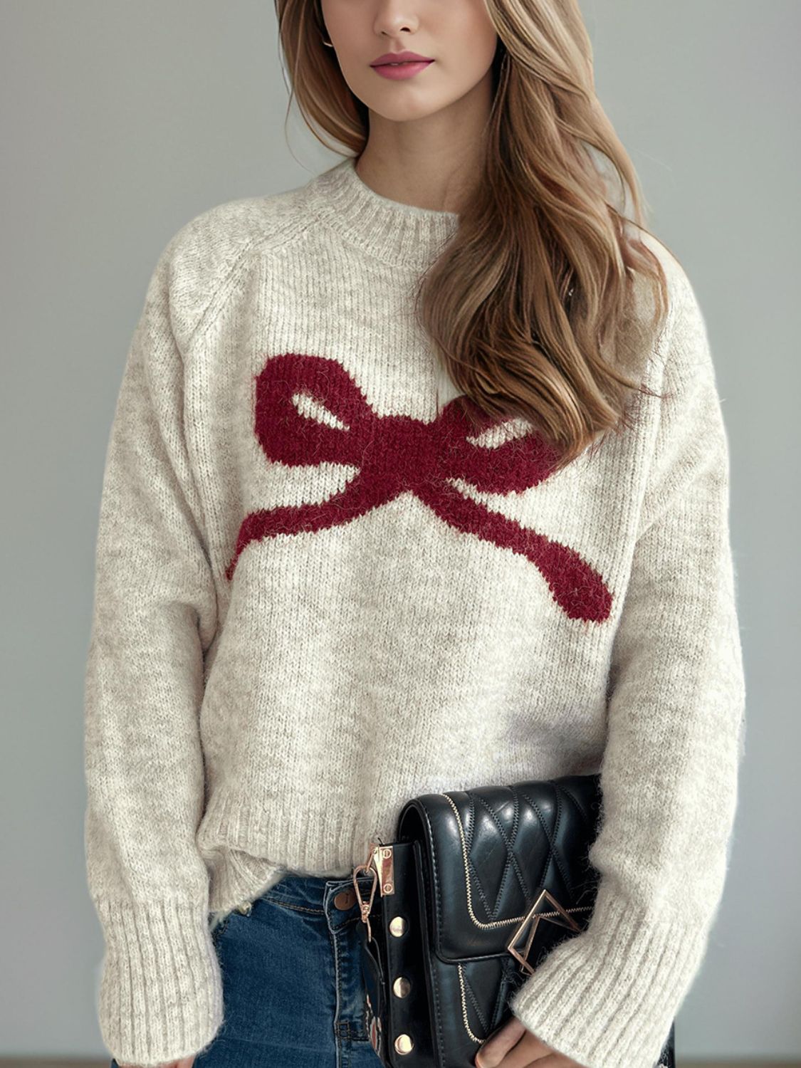 bow round neck long sleeve sweater