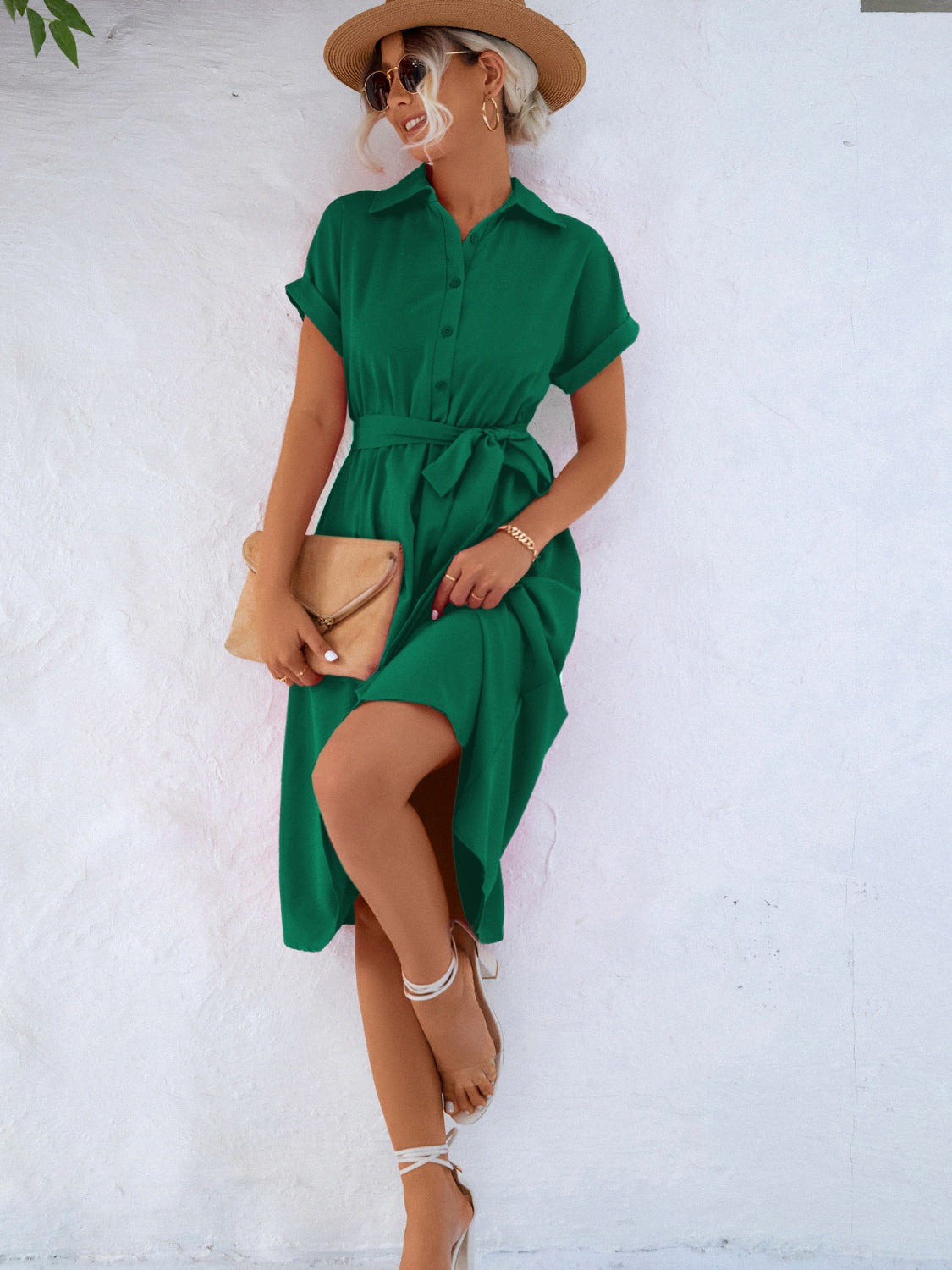 buttoned tie waist short sleeve dress
