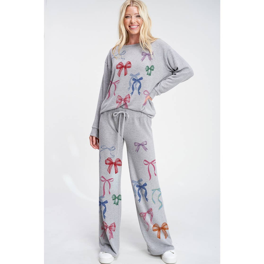colorful bow allover print soft loungewear set