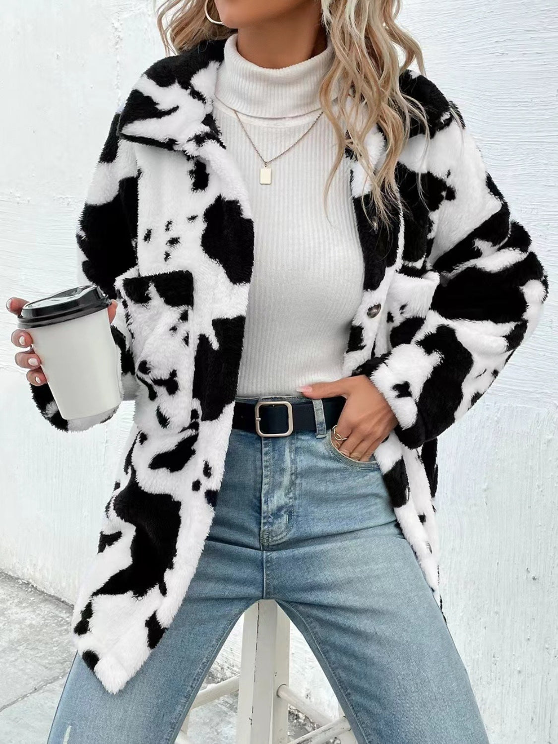 cow print collared neck button up fuzzy jacket