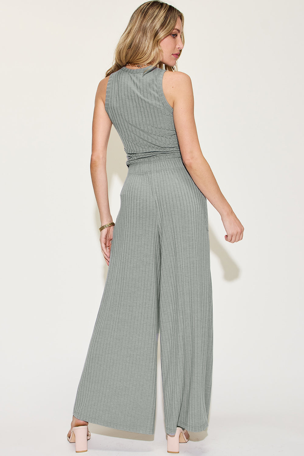 basic bae full size ribbed tank and wide leg pants set
