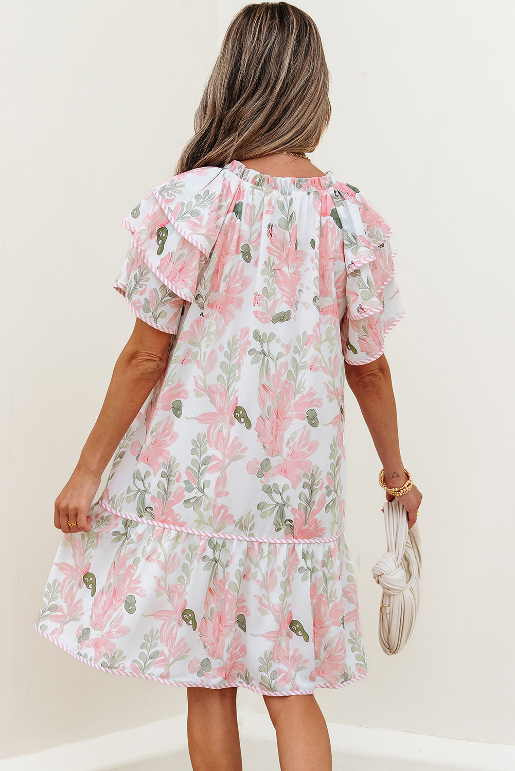 pink floral contrast edge layered short sleeve mini dress