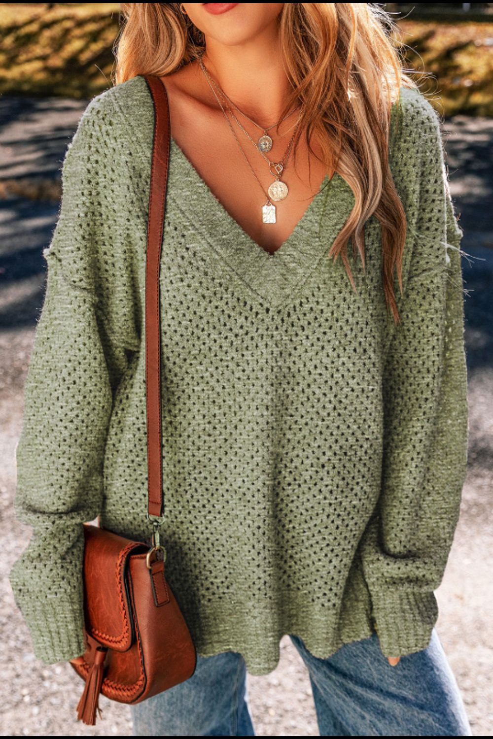 v-neck dropped shoulder long sleeve sweater