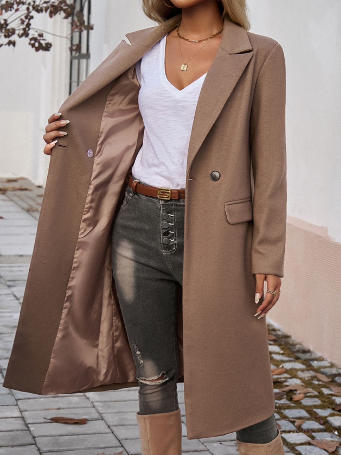 pocketed collared neck long sleeve coat