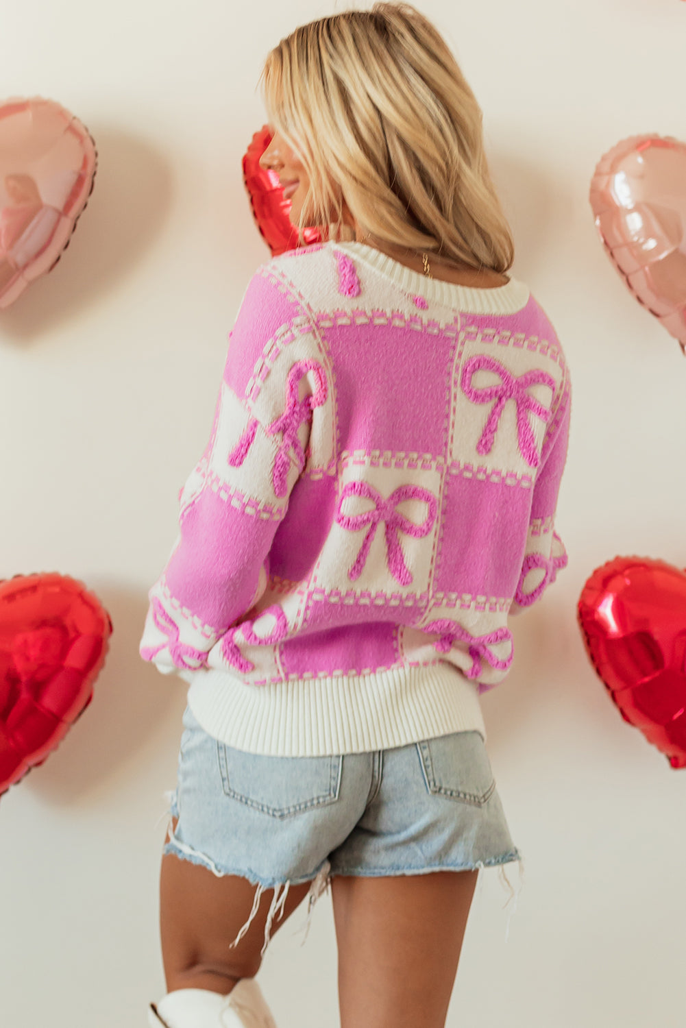 pink bow knot two tone checkered crew neck sweater