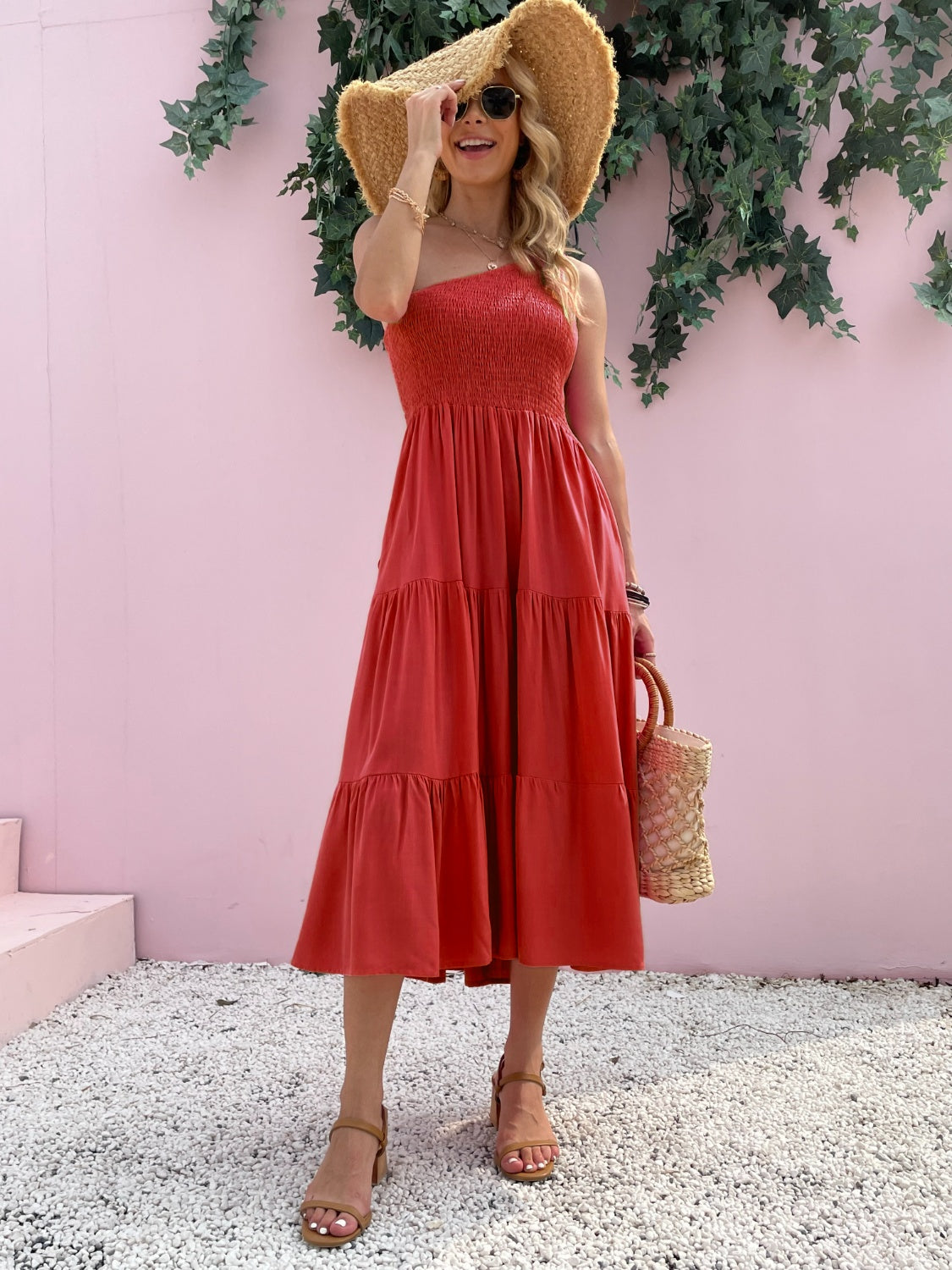 smocked single shoulder sleeveless dress