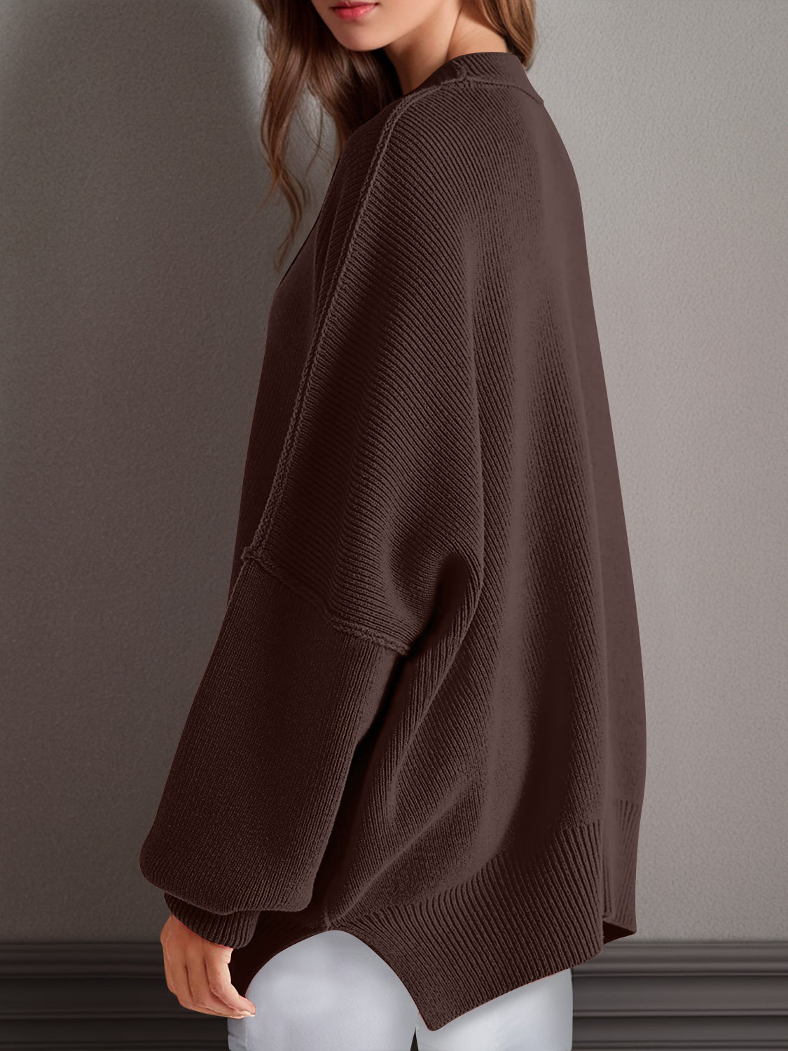 double take side slit round neck long sleeve sweater