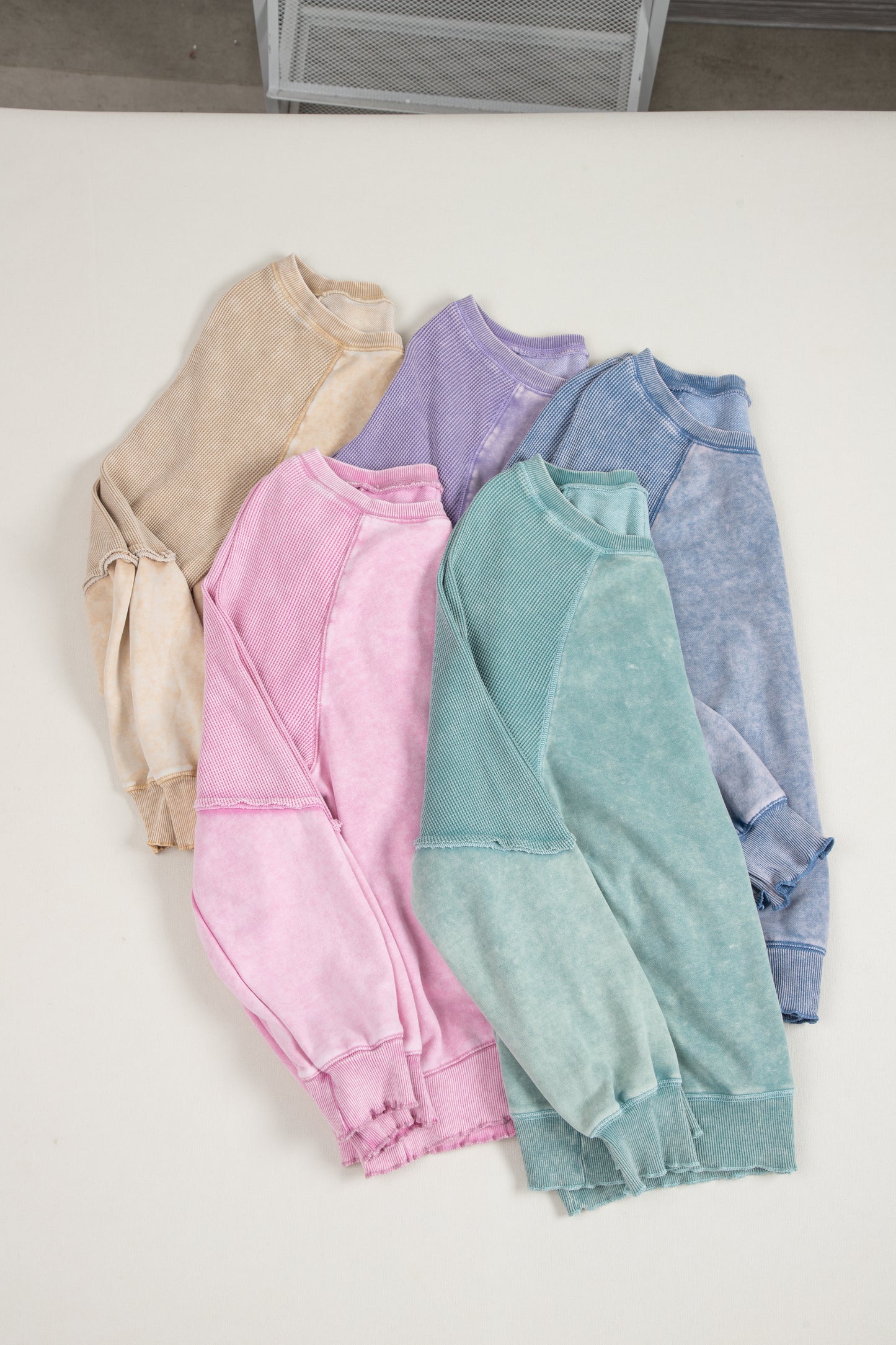 mineral blue solid waffle knit patchwork raglan sleeve sweatshirt