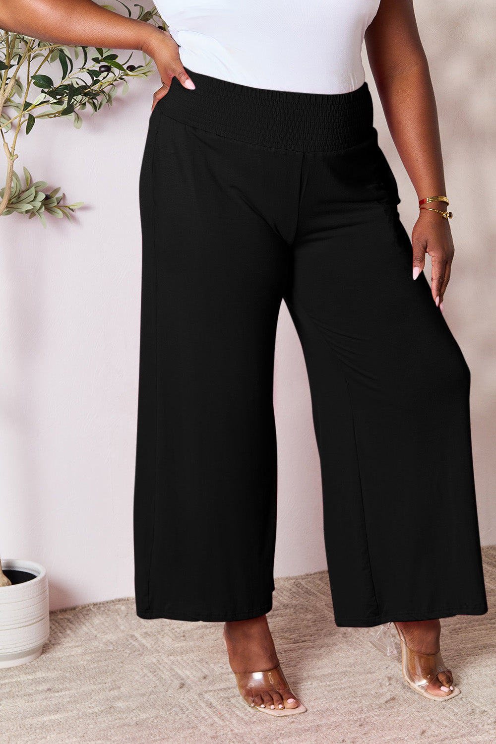 double take full size smocked wide waistband wide leg pants