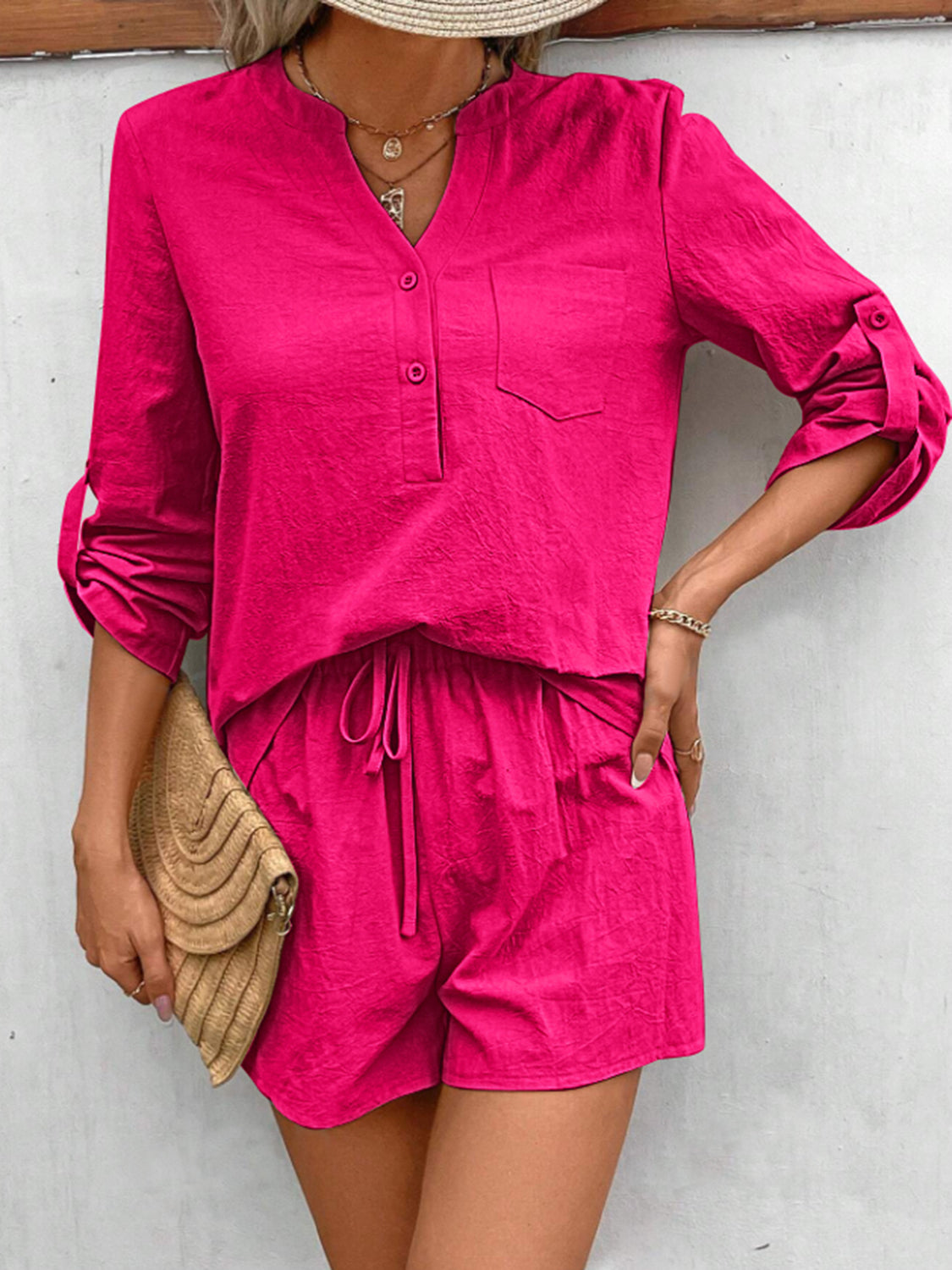notched long sleeve top and shorts set