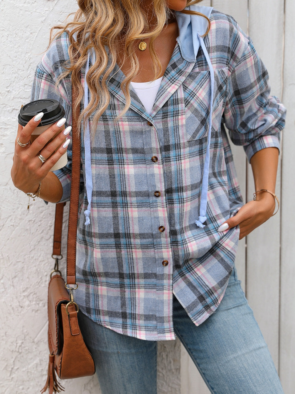plaid long sleeve hooded jacket