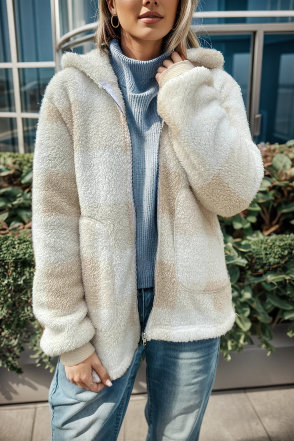 double take full size plaid long sleeve hooded coat