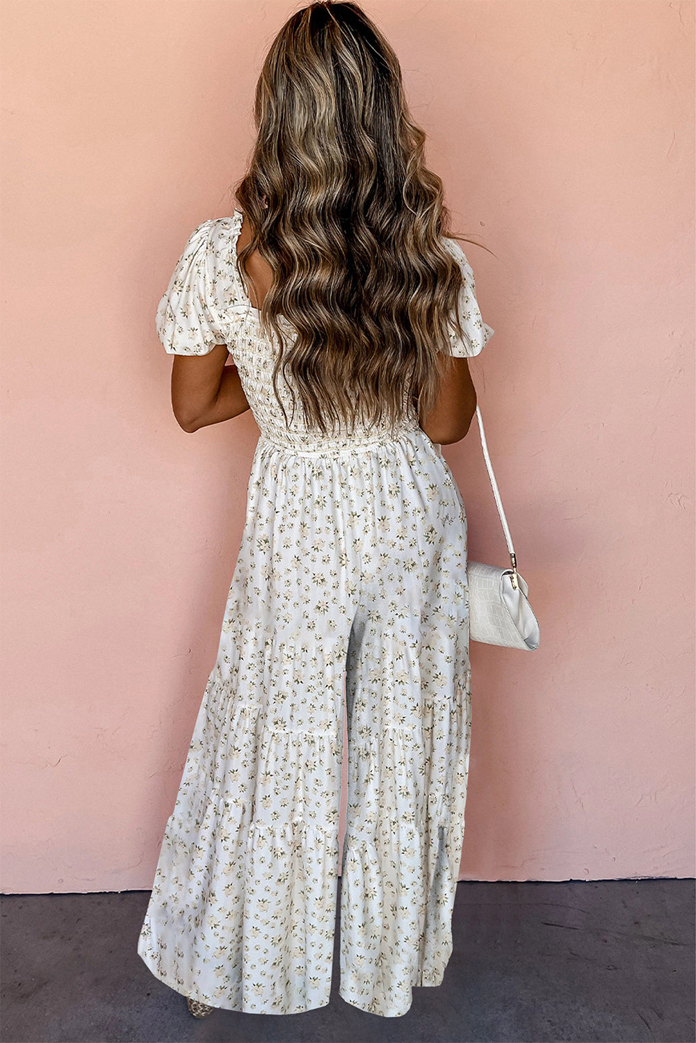 white boho floral smocked wide leg short puff sleeve jumpsuit