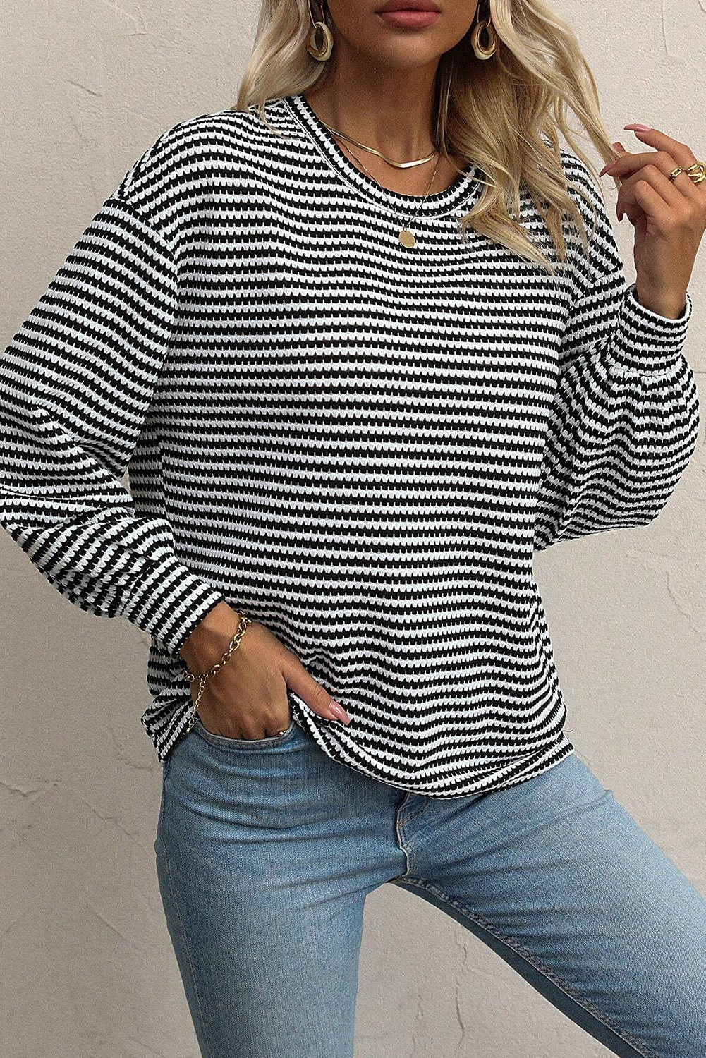 black stripe round neck drop shoulder long sleeve top