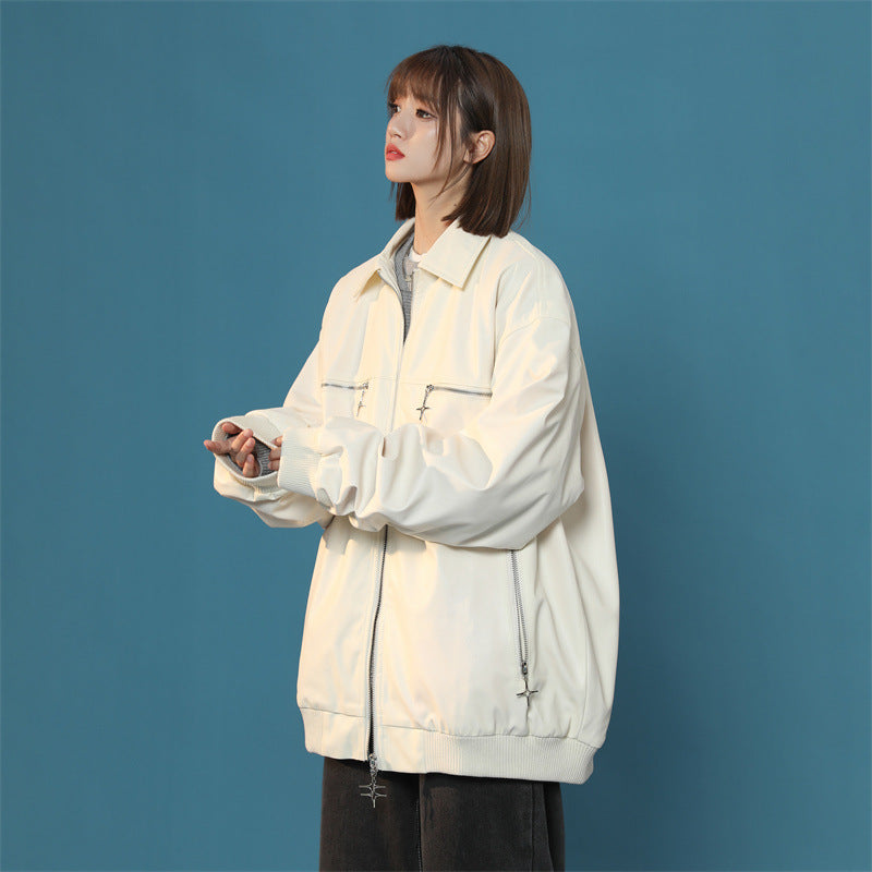 turn-down collar coat women's leather jacket