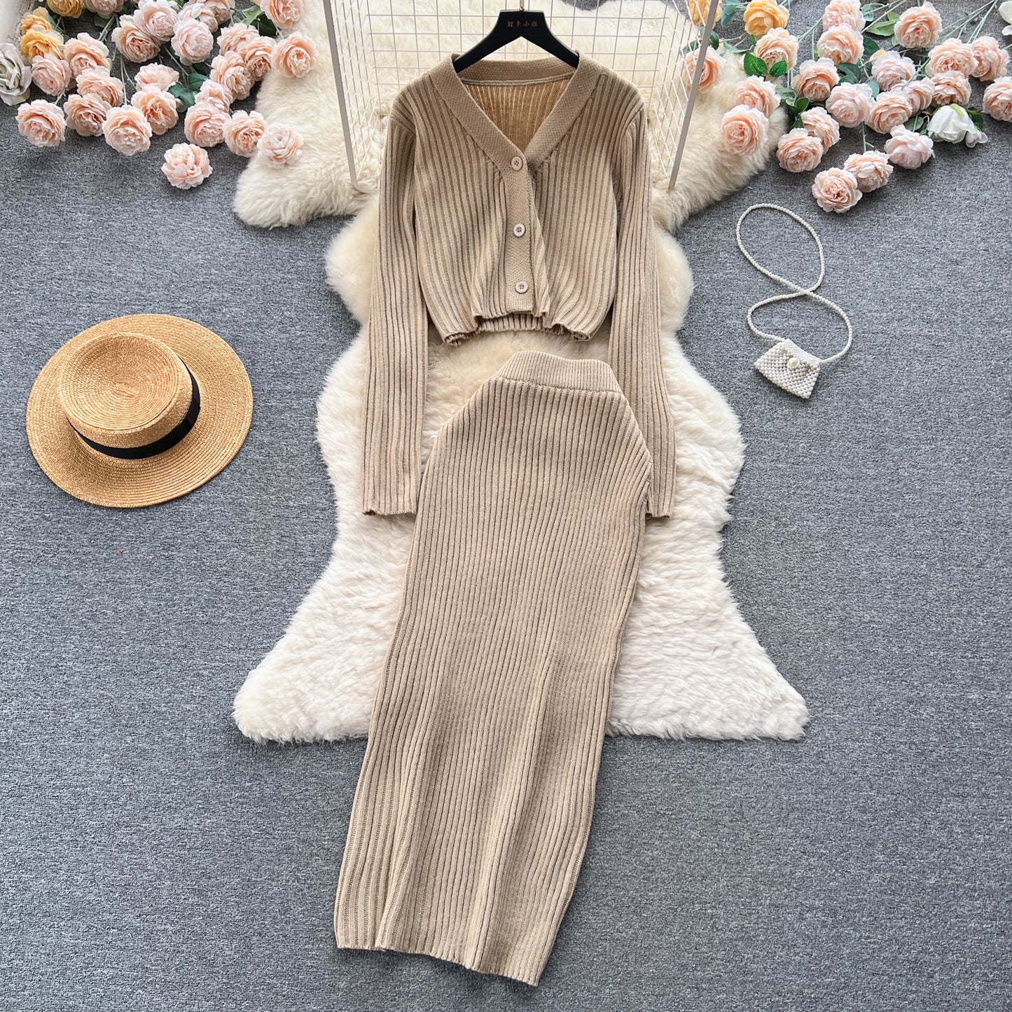 french style retro v-neck long sleeve cardigan top skinny sheath skirt two-piece set