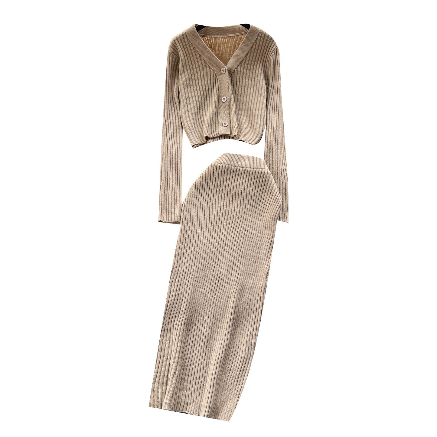 french style retro v-neck long sleeve cardigan top skinny sheath skirt two-piece set