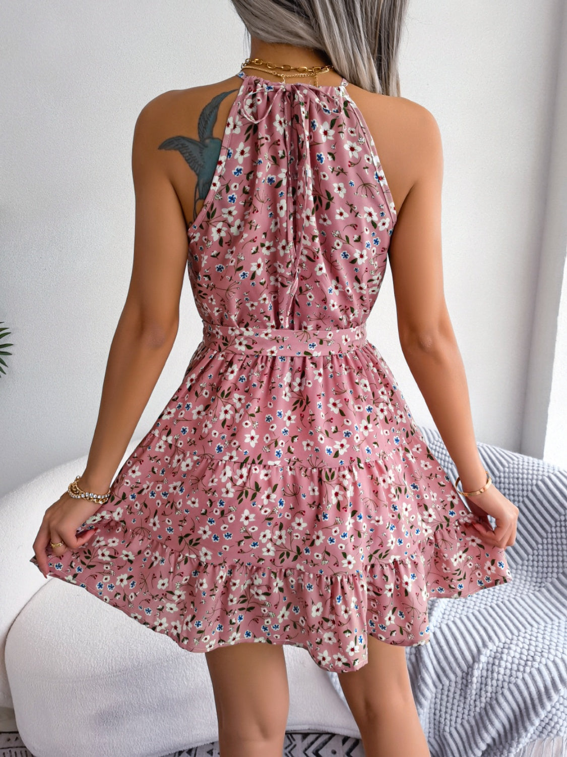 tied printed grecian neck mini dress