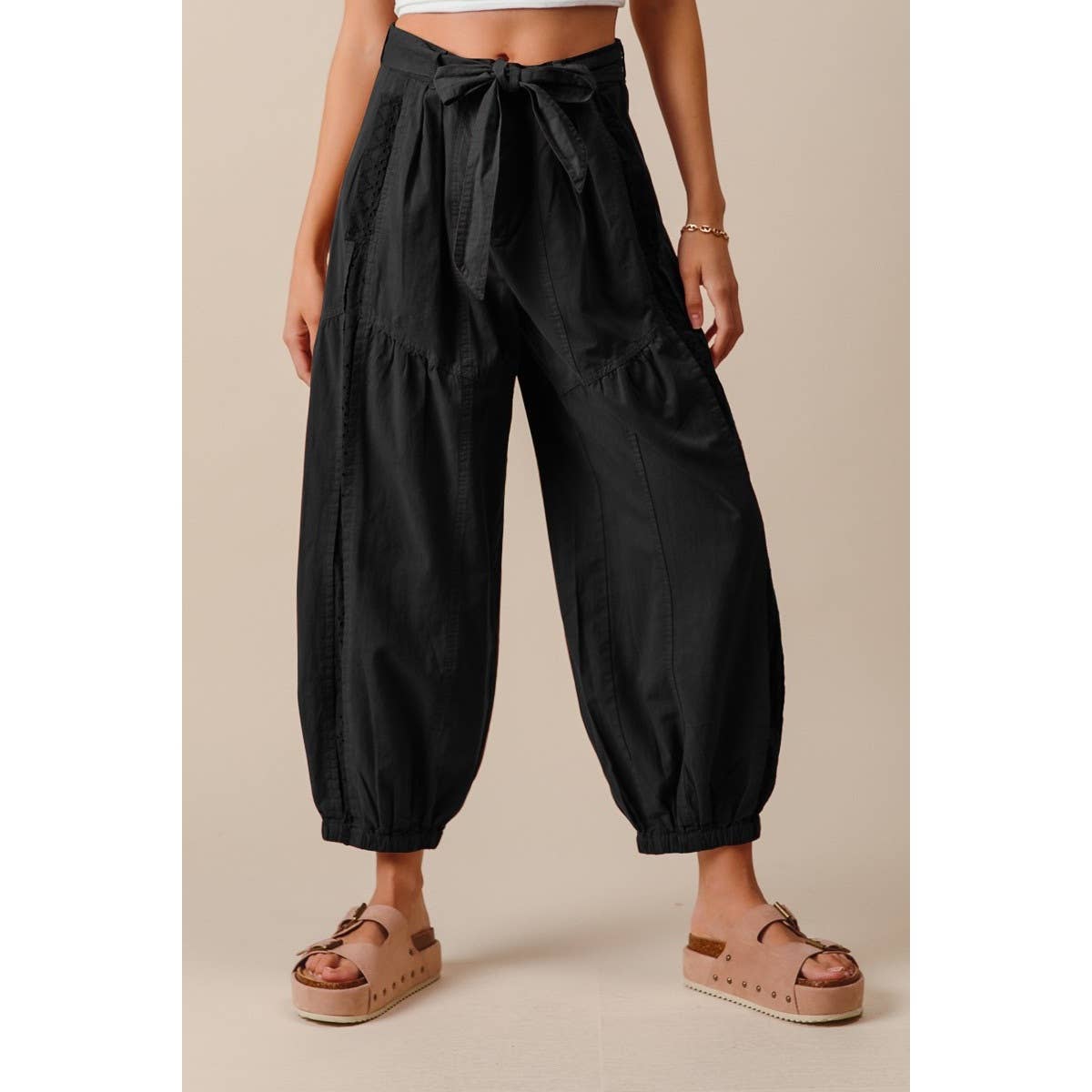 eyelet lace trimmed jogger pants