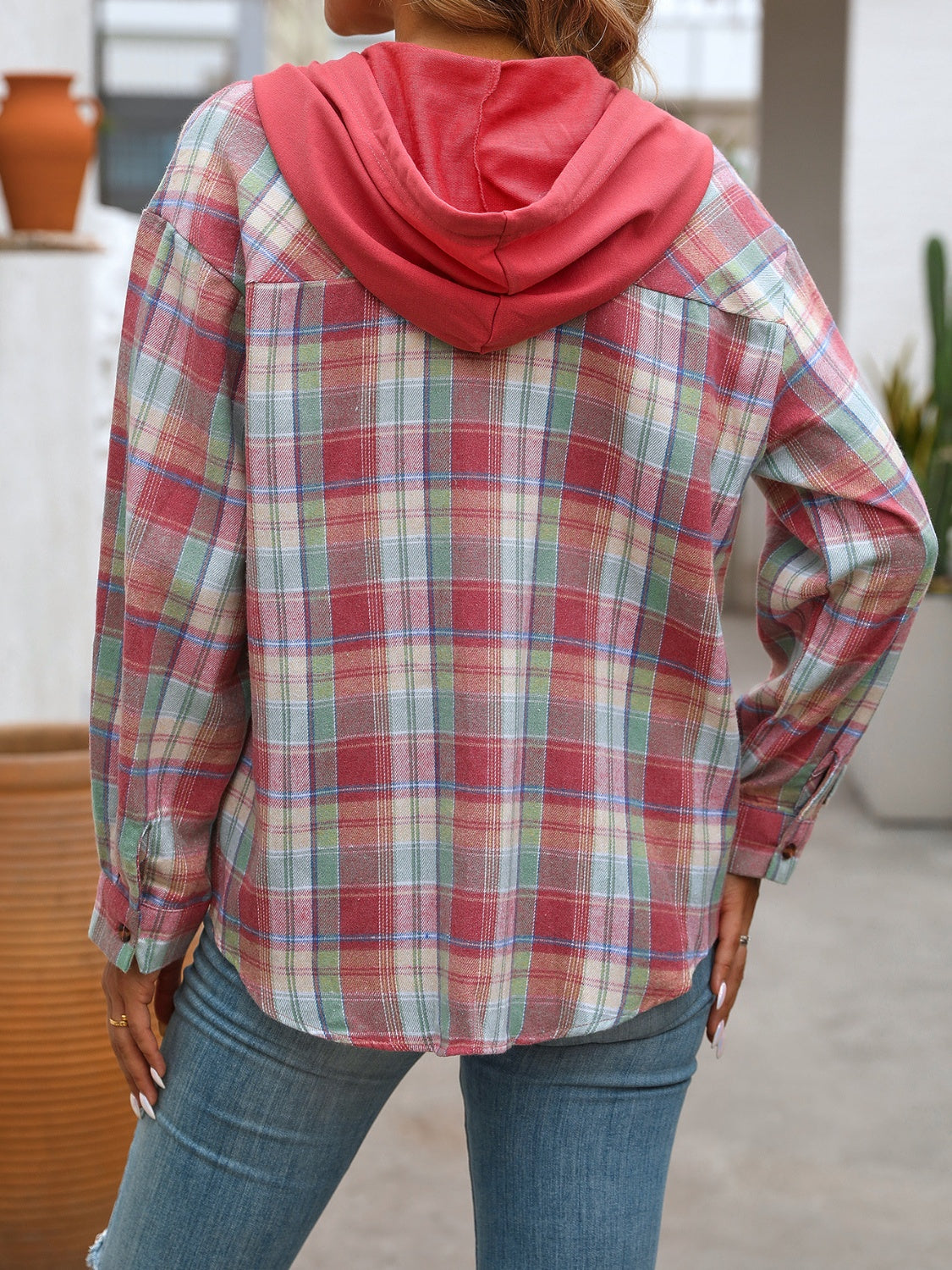 plaid long sleeve hooded jacket