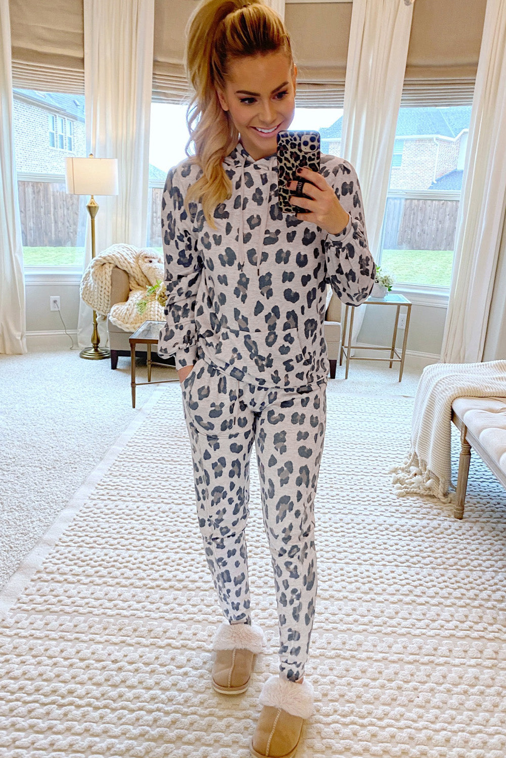 khaki leopard print drawstring hoodie and skinny pants lounge set