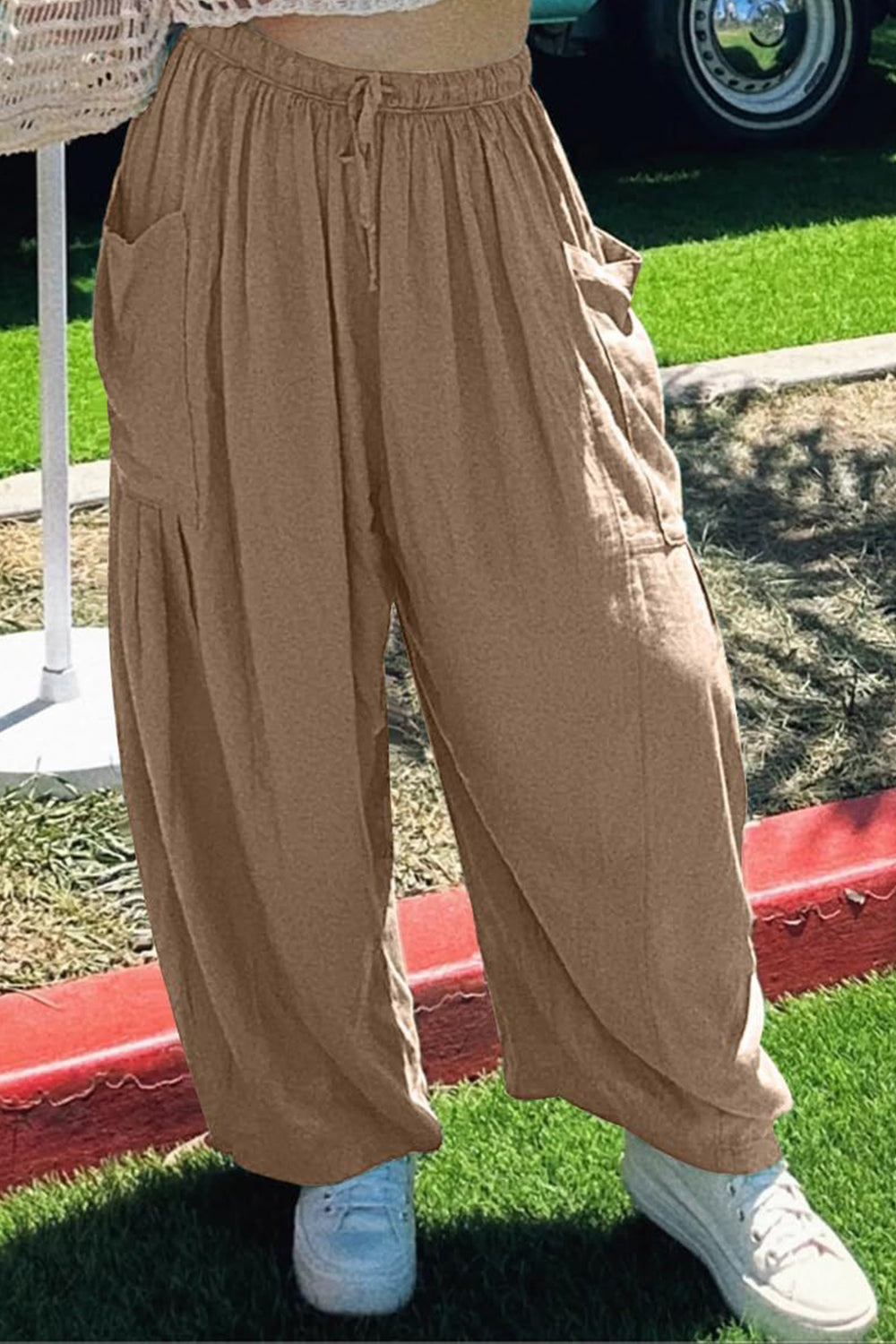full size pocketed drawstring wide leg pants