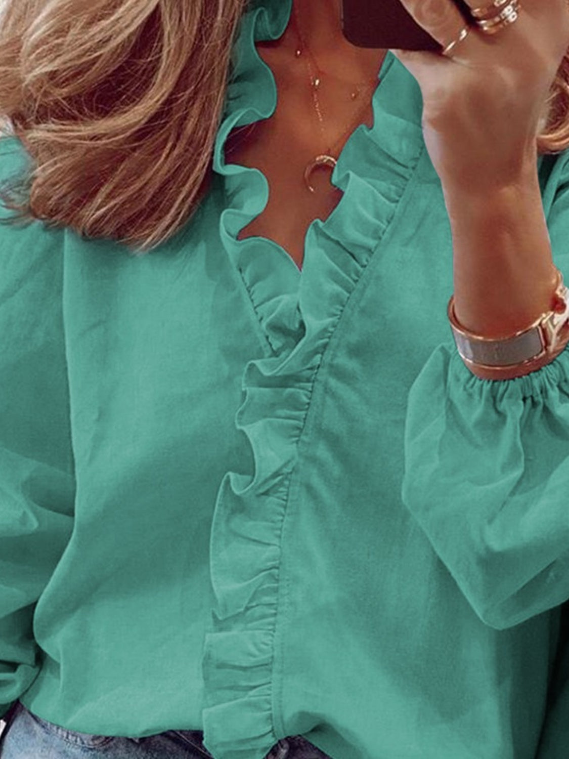 full size ruffled v-neck long sleeve blouse