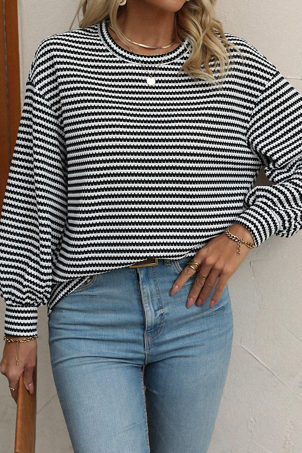 black stripe round neck drop shoulder long sleeve top