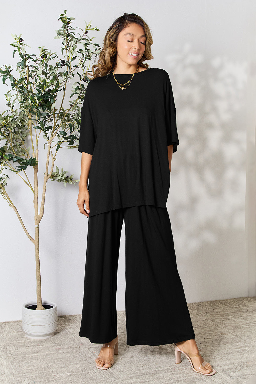double take full size round neck slit top and pants set