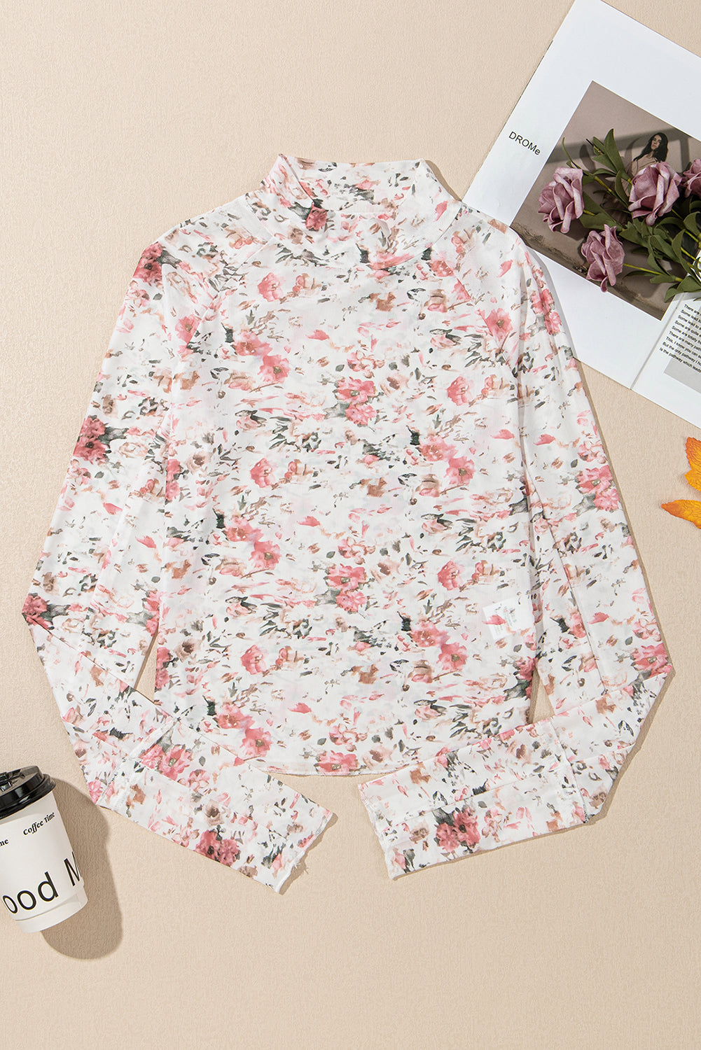 pink floral long sleeve high neck sheath mesh top