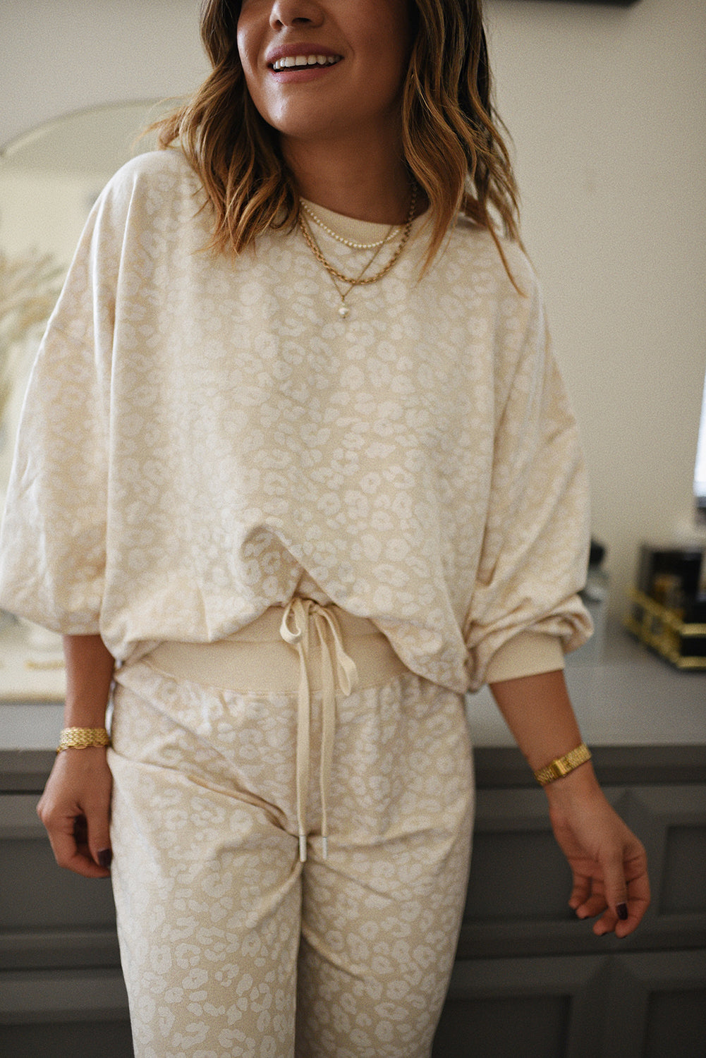 white cheetah print two piece loose fit cozy loungewear