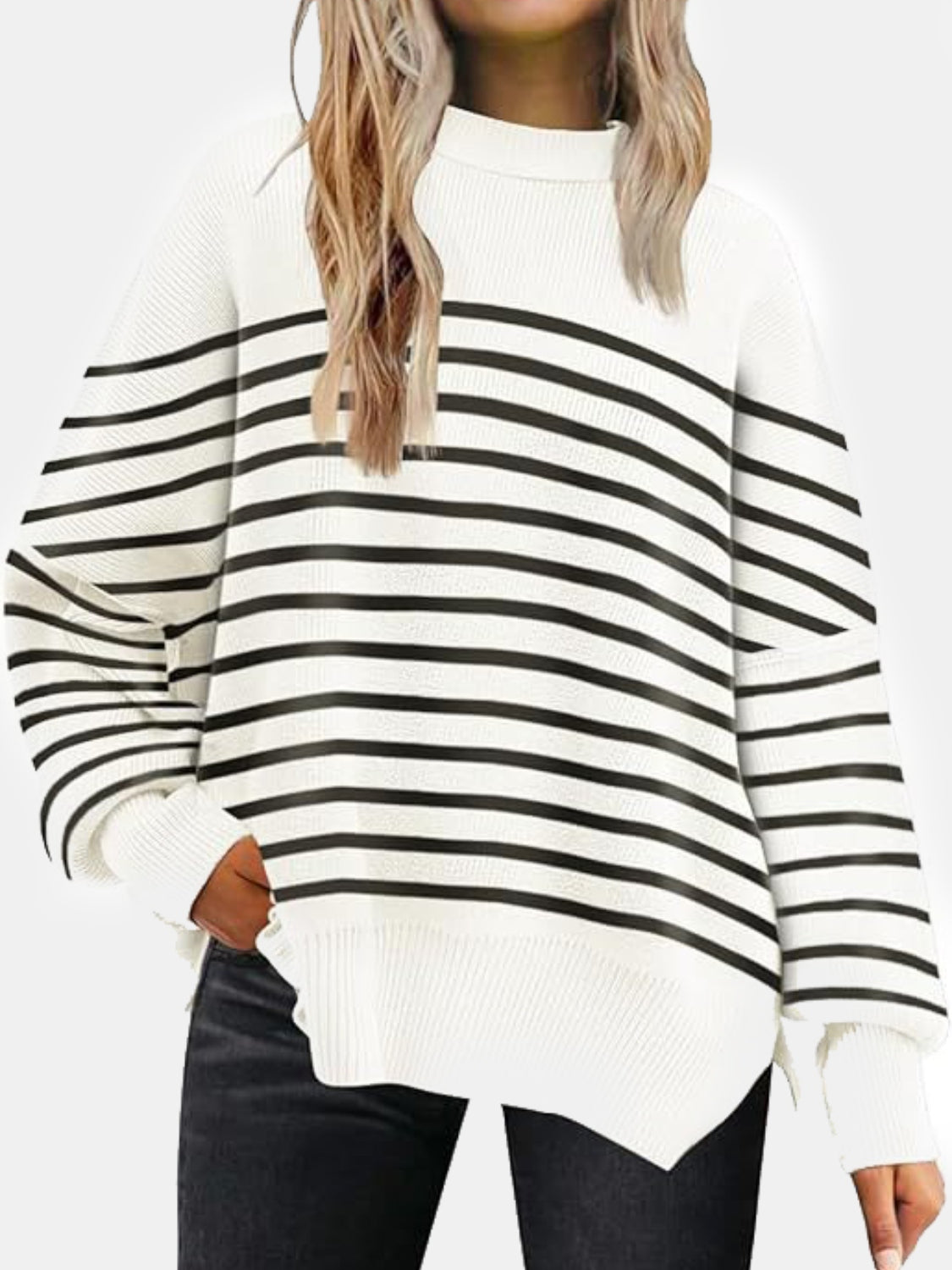 round neck drop shoulder slit sweater