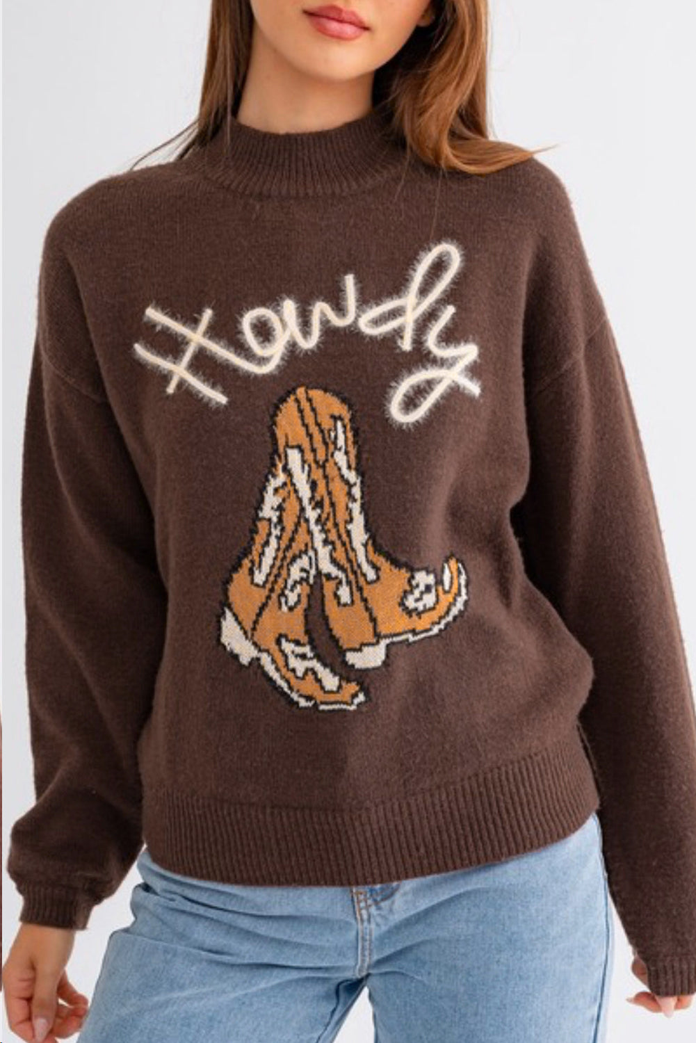 coffee western howdy boot graphic high neck sweater