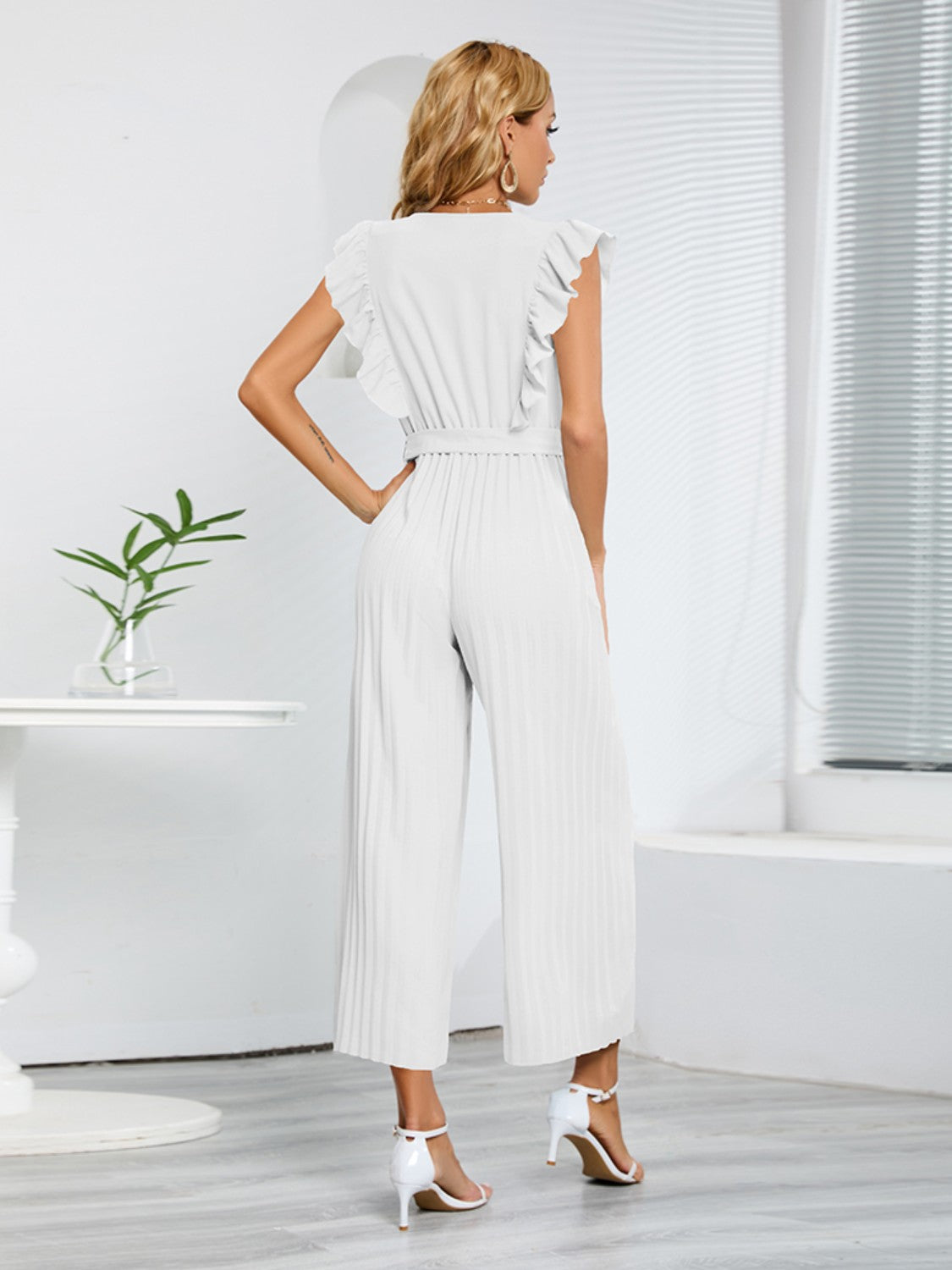ruffled surplice cap sleeve jumpsuit