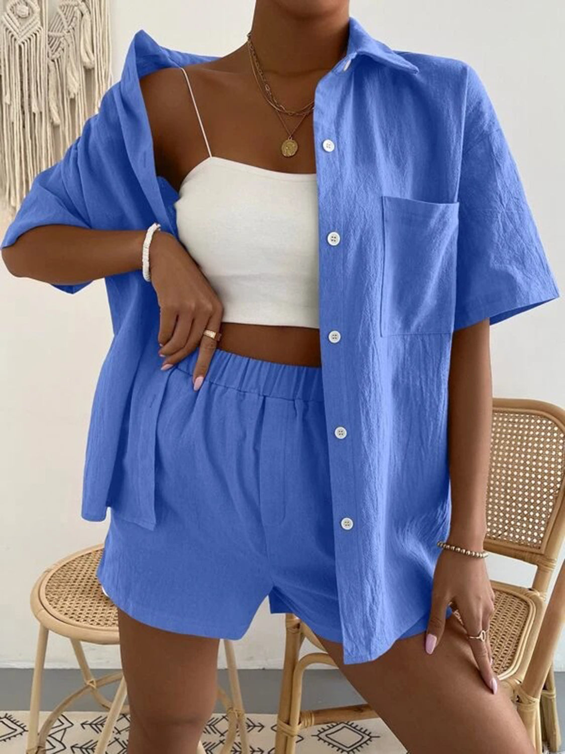 button up short sleeve shirt and shorts set